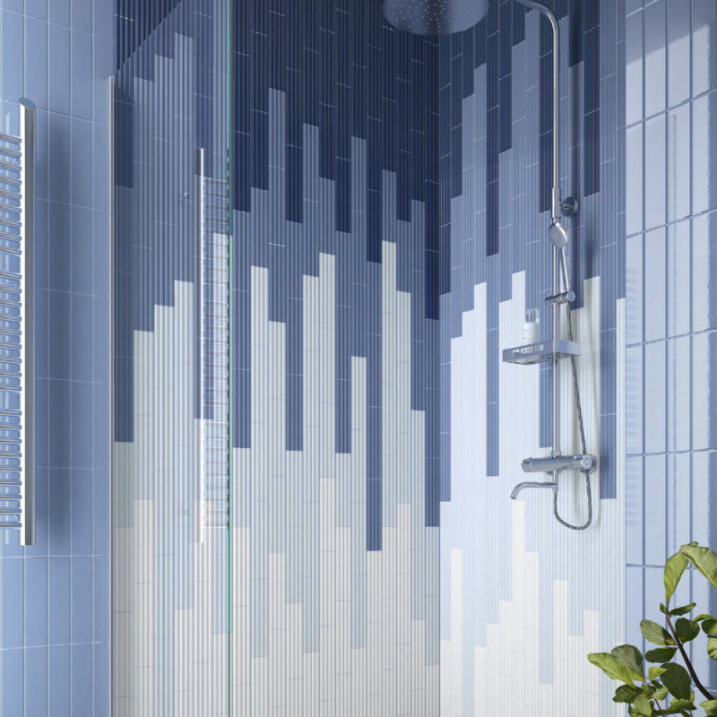 Carrelage faïence collection Onda - couleur bleue (Banyan blue) - photo d'ambiance salle de bain douche