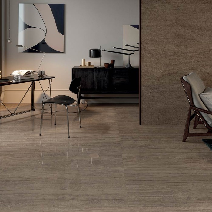 Carrelage travertin rainuré chocolat – Unique Travertine Chevron Chocolate