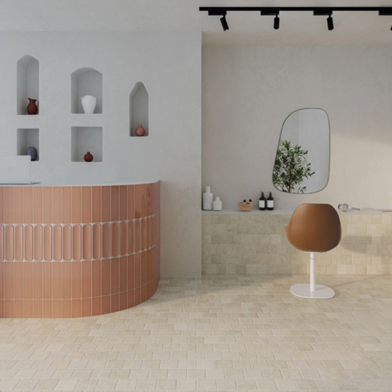 Carrelage extérieur effet pierre collection Abbey Stone - beige - photo d'ambiance salon