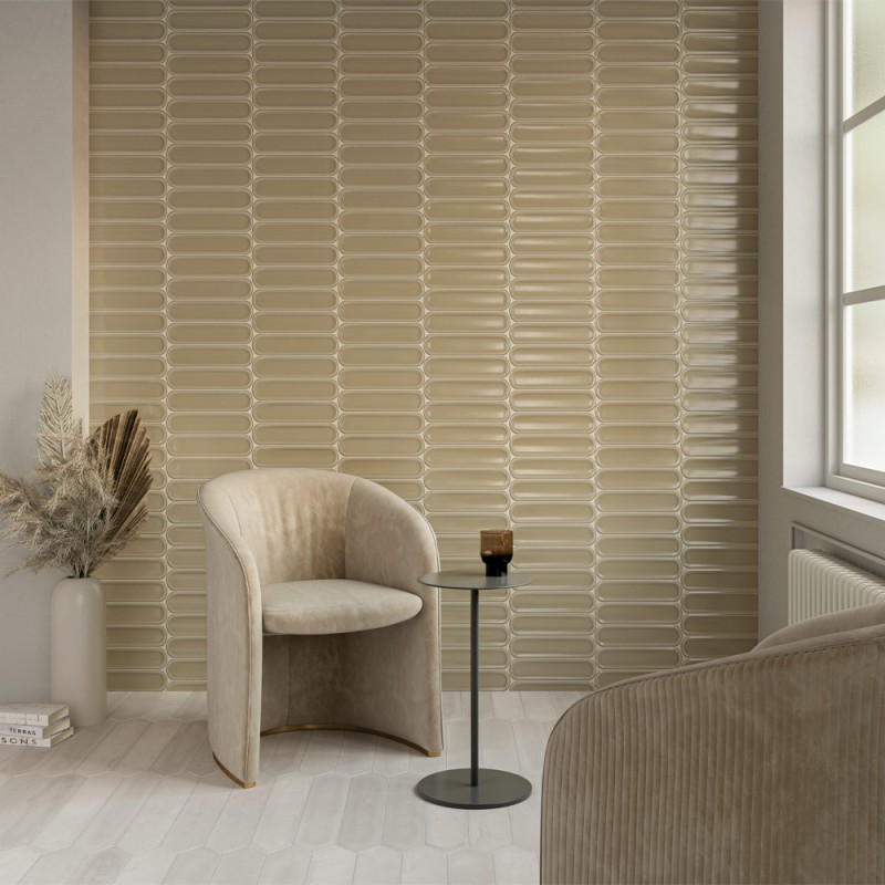 Carrelage faïence collection Aquarelle O finition brillante  - coloris olive - photo d'ambiance salon