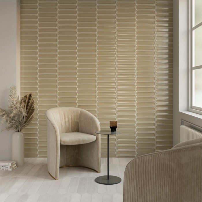 Carrelage faïence collection Aquarelle O finition brillante  - coloris olive - photo d'ambiance salon