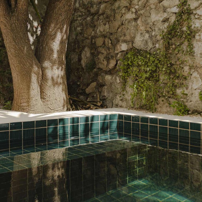 Carrelage effet zellige Roots couleur bleu roi dans une piscine. A l'ombre des arbres dans une bâtisse provençale Carrelage effet zellige Roots couleur bleu roi dans une piscine. A l'ombre des arbres dans une bâtisse provençale
