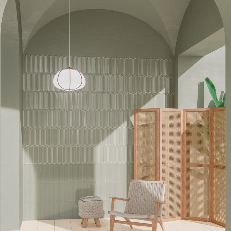 Carrelage faïence collection Aquarelle O finition brillante  - coloris gris menthe - photo d'ambiance salle de bain