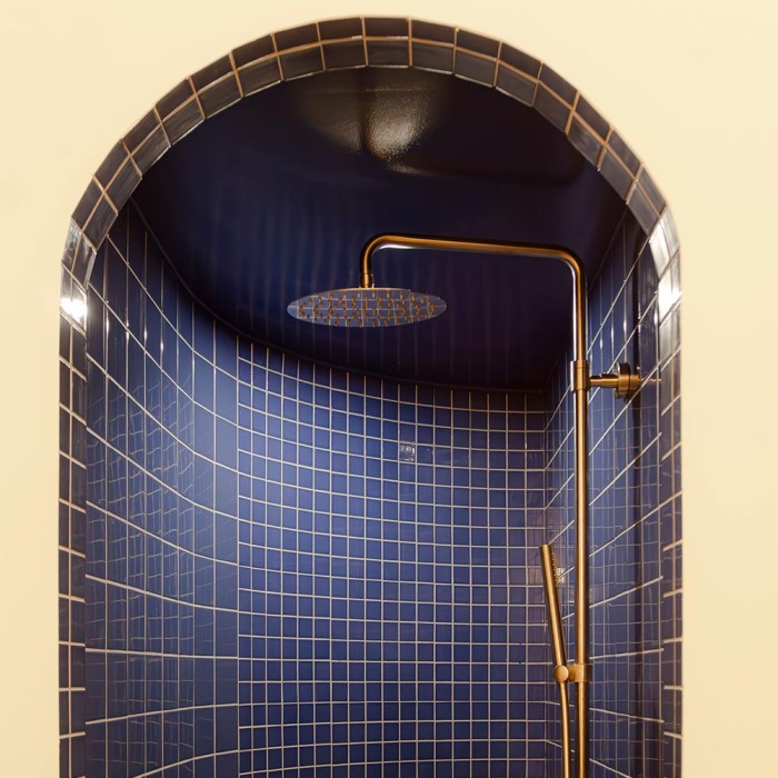 Douche avec entrée en arche, le tout paré du magnifique carrelage Bleu Berillo en 10x10 cm Douche avec entrée en arche, le tout paré du magnifique carrelage Bleu Berillo en 10x10 cm