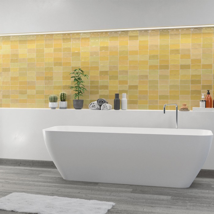 Carrelage effet zellige collection Fez couleur jaune moutarde - salle de bain