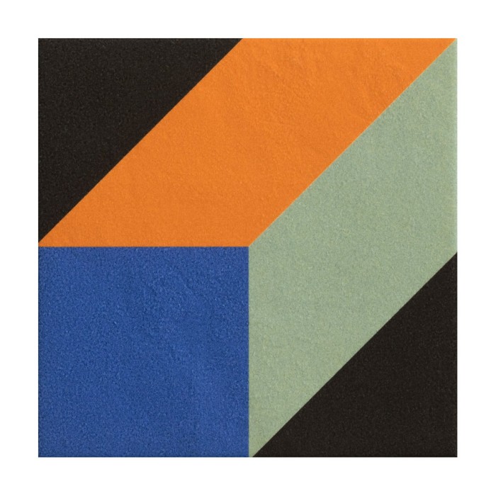 Carrelage extérieur à motifs collection Marghe - couleur noir, bleu, vert et orange - motif Kite - photo carreau seul Carrelage extérieur à motifs collection Marghe - couleur noir, bleu, vert et orange - motif Kite - photo carreau seul