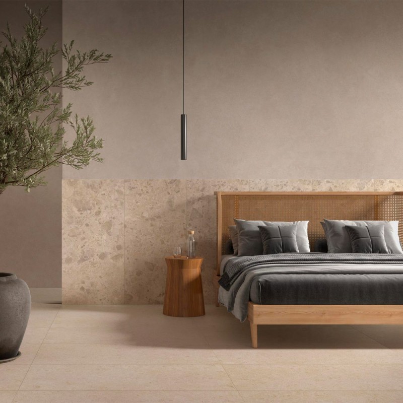 Carrelage effet pierre collection Eterna - couleur sable - photo d'ambiance chambre