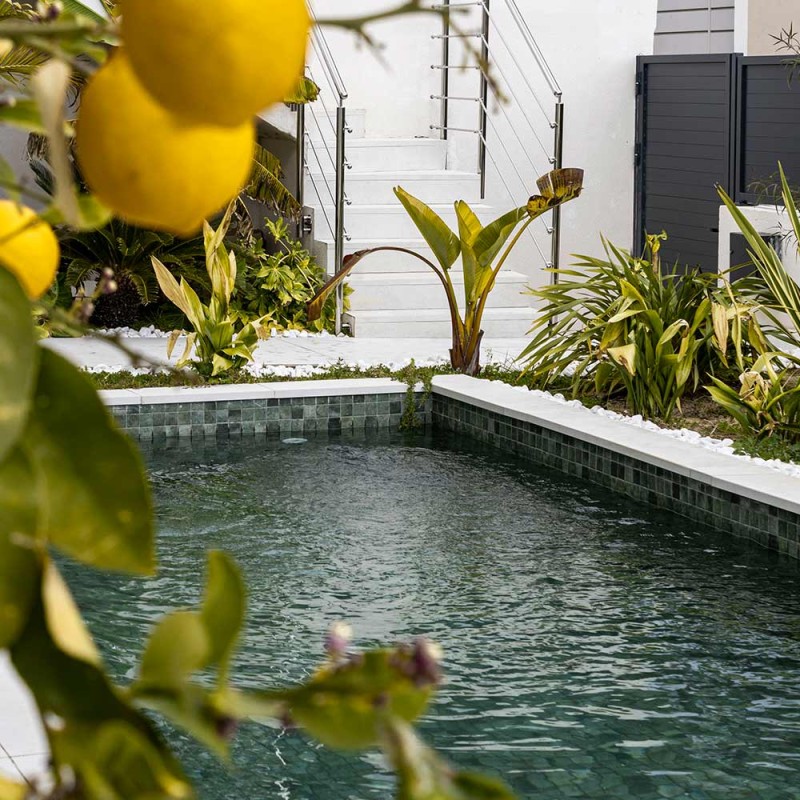 Carrelage piscine mosaïque de verre Penta Bali Stone - 5x5 cm - piscine et citronnier