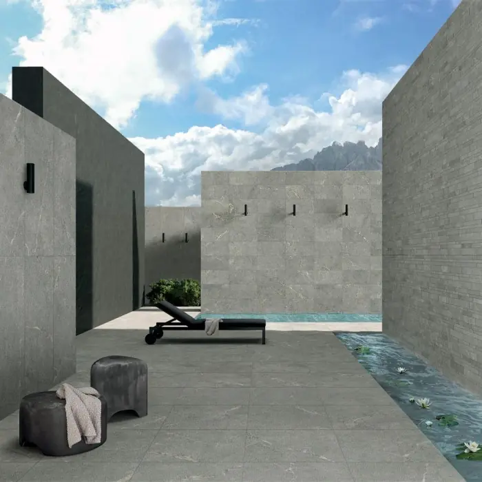 terrasse extérieure carrelage béton gris Anthology Gray