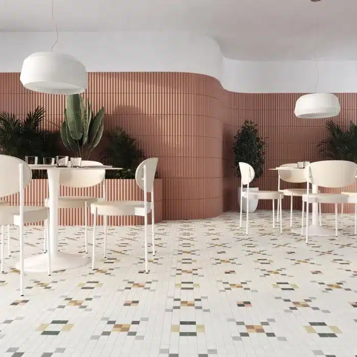 Tesserae Play Two Frutti : un carrelage mosaïque en grès cérame aux touches vert, jaune et terracotta, pour une cuisine pleine de fraîcheur et de bonne humeur.