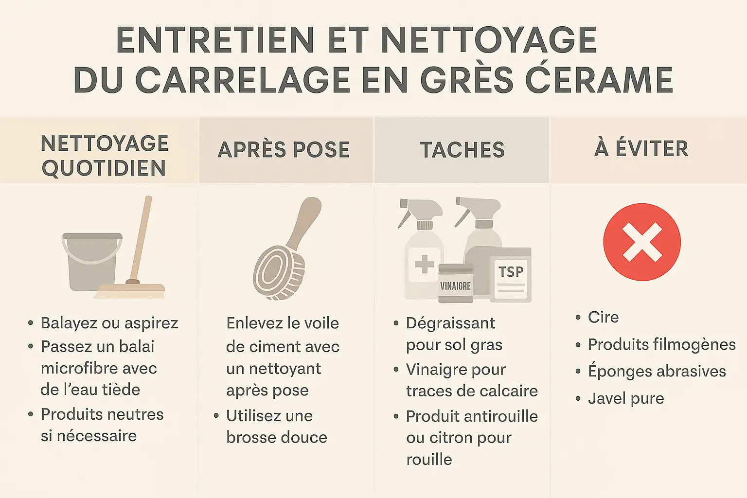Infographie guide entretien et nettoyage du carrelage en grès cérame