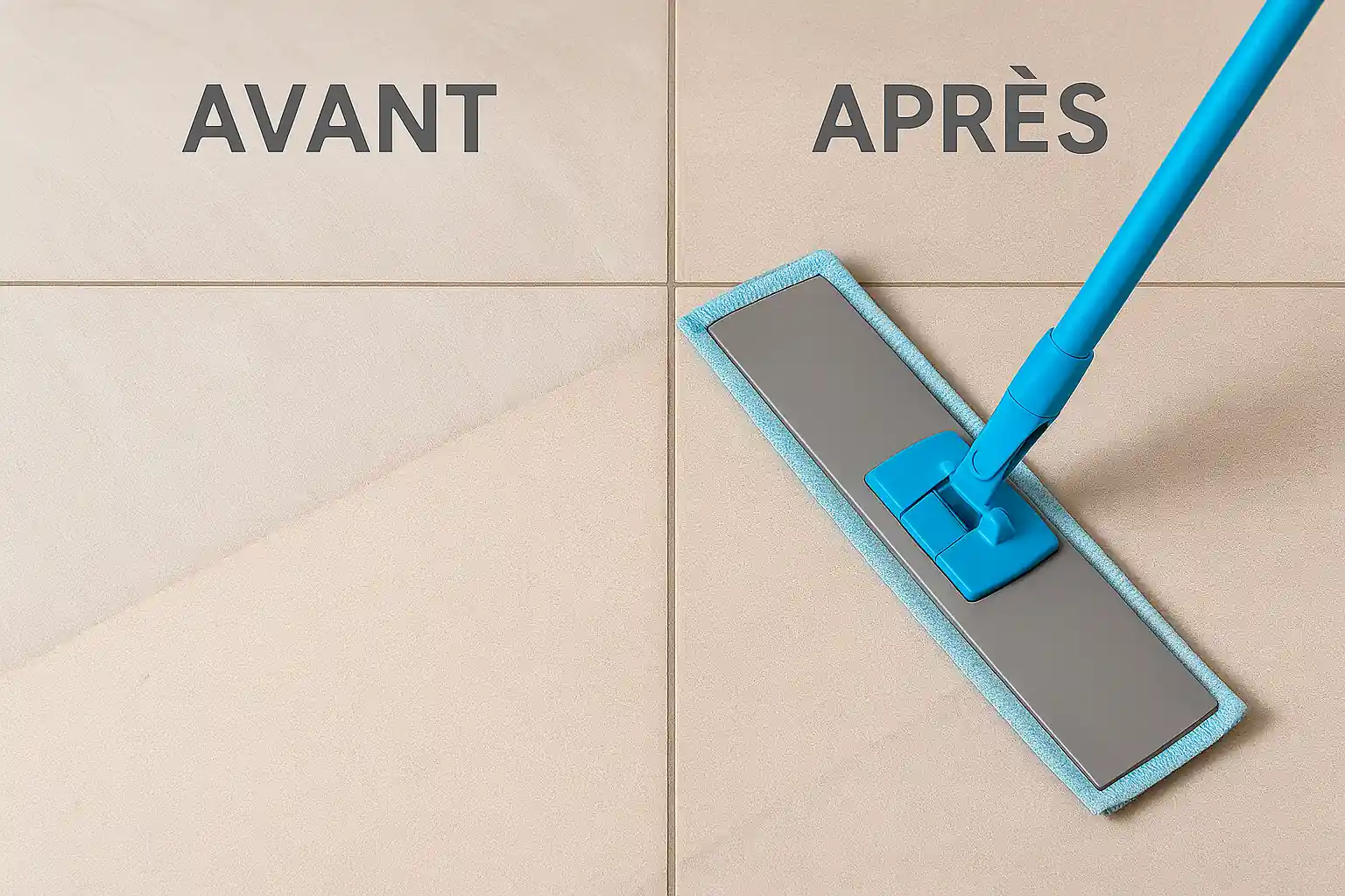 Nettoyage de fin de chantier sur carrelage en grès cérame, avant et après élimination du voile de ciment