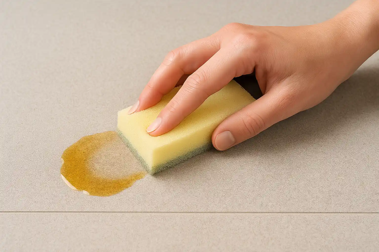 Nettoyage d’une tache de graisse sur carrelage en grès cérame avec éponge douce