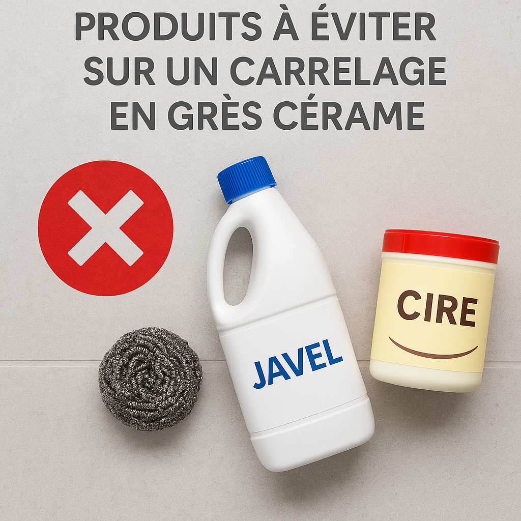 Produits à éviter sur un carrelage en grès cérame : Javel pure, éponge métallique, cire filmogène